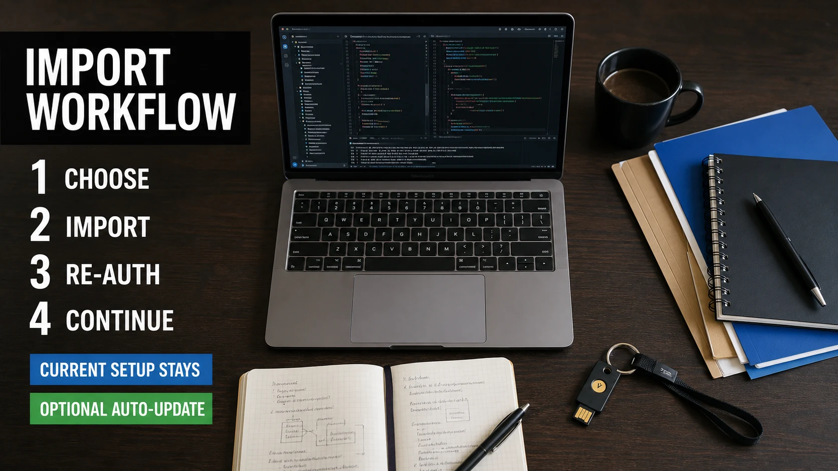 Import機能を使う開発者の机を上から見たリアルな画像。画像内にIMPORT WORKFLOW、1 CHOOSE、2 IMPORT、3 RE-AUTH、4 CONTINUE、CURRENT SETUP STAYS、OPTIONAL AUTO-UPDATEの文字が入っている