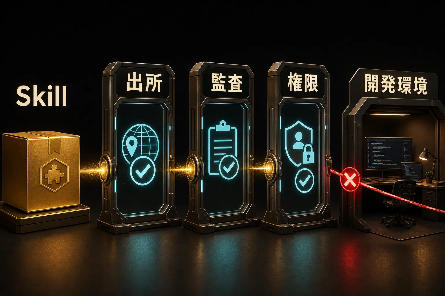 Skillが出所、監査、権限の確認ゲートを通り、開発環境へ届くまでの境界