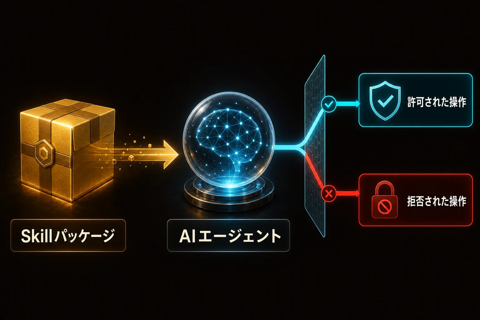 SkillパッケージがAIエージェントを通じて、許可された操作と拒否された操作に分かれる流れ
