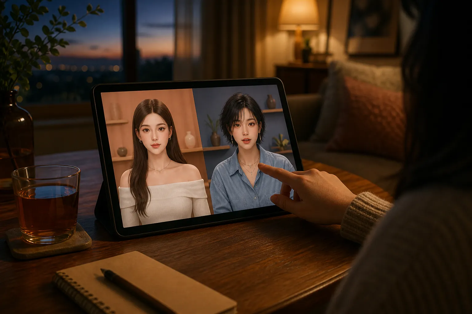 暖かい部屋でタブレットの二つの架空のAIストリーマーを見比べ、片方へ手を伸ばす視聴者
