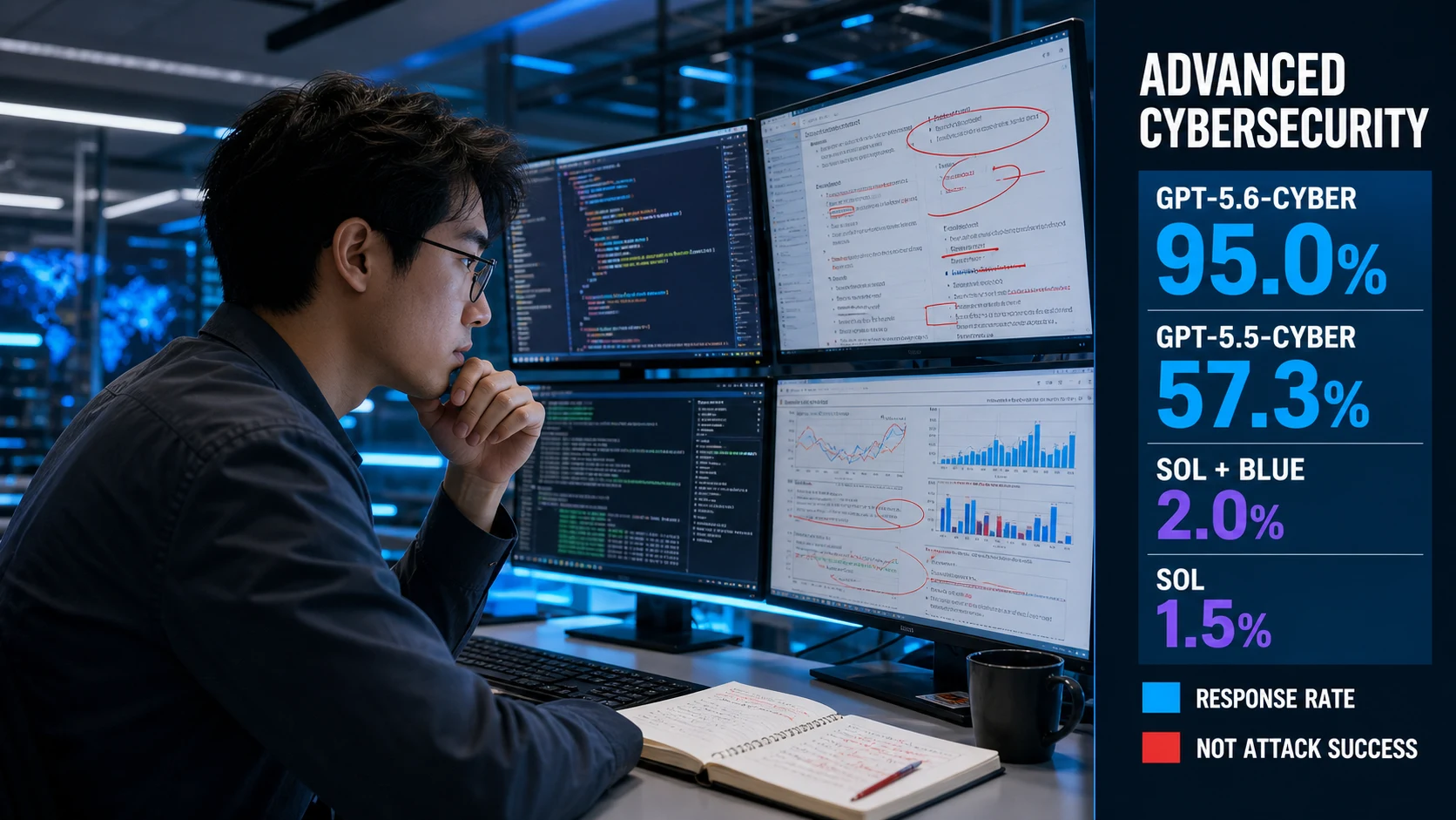 サイバーセキュリティ分析を行う研究者とモニターのリアルな画像。右側の画像内にADVANCED CYBERSECURITY、GPT-5.6-CYBER 95.0%、GPT-5.5-CYBER 57.3%、SOL + BLUE 2.0%、SOL 1.5%、RESPONSE RATE、NOT ATTACK SUCCESSの文字が入っている